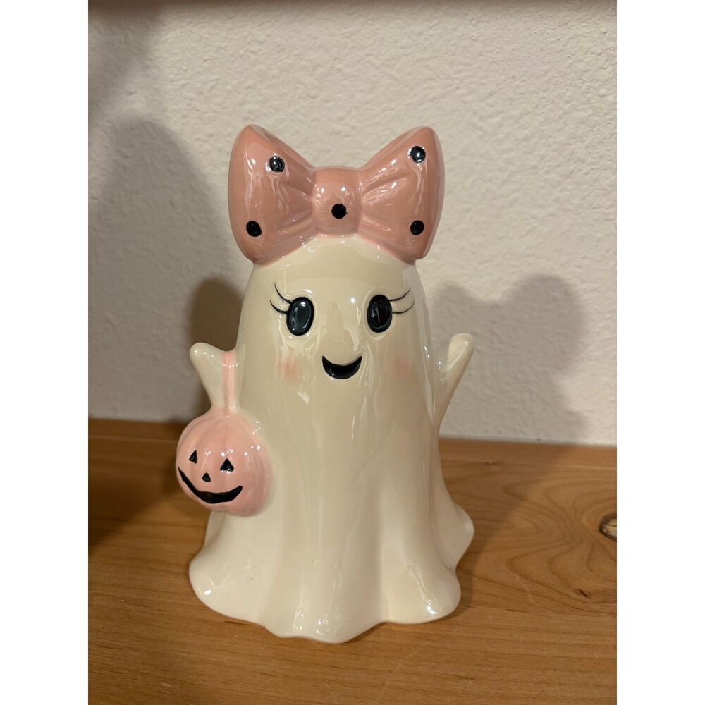 Halloween Ceramic Ghost Figurine Pink Polka Dot Bow Pink Pumpkin Pail NWT